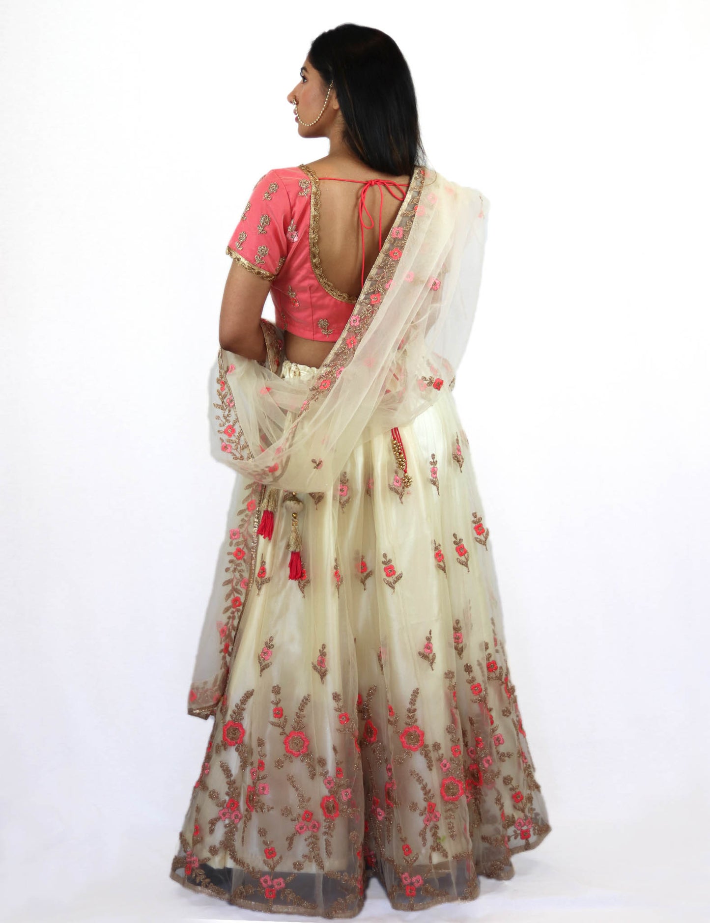 Rent Peach Blouse With Off White Lehenga & Dupatta