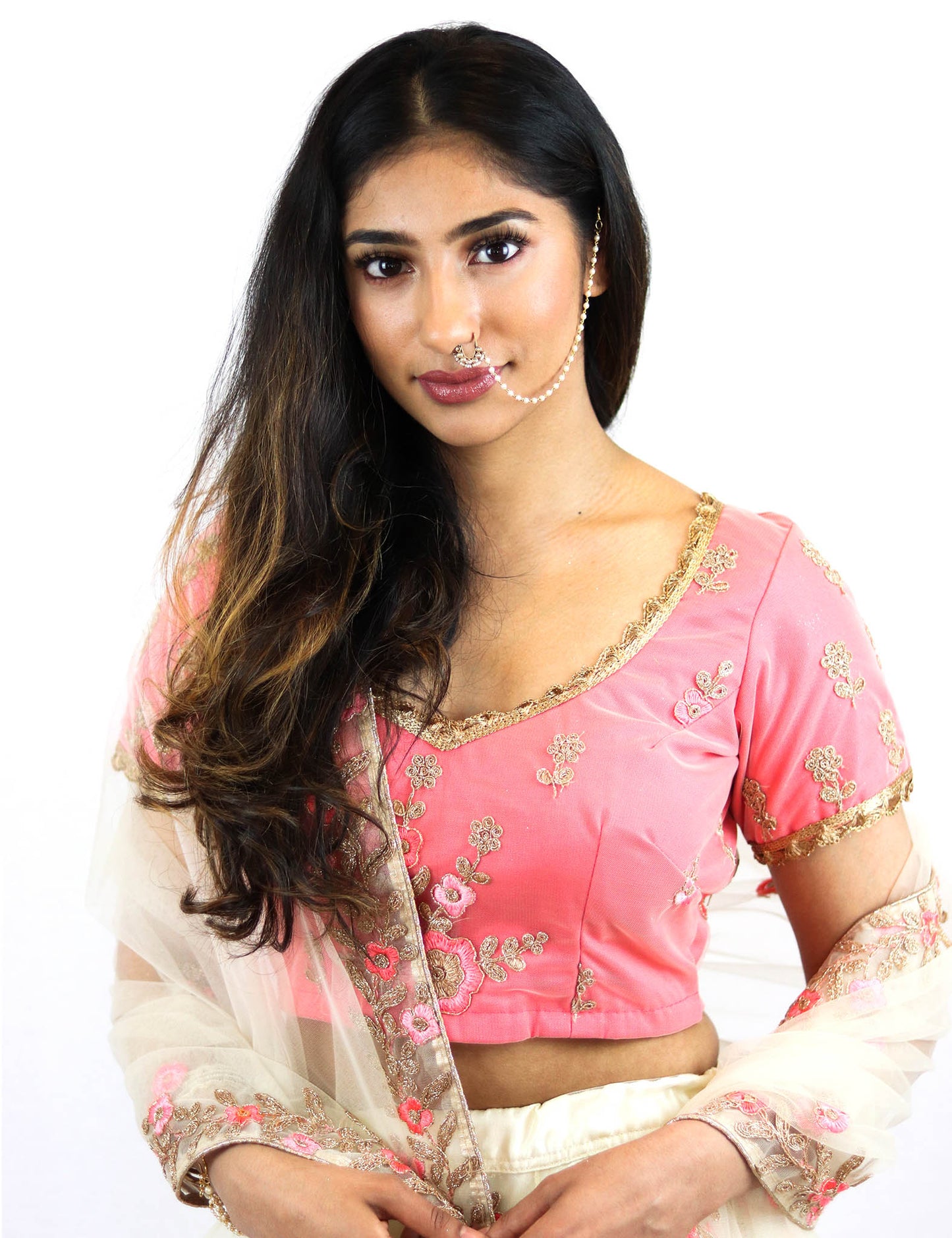 Rent Peach Blouse With Off White Lehenga & Dupatta