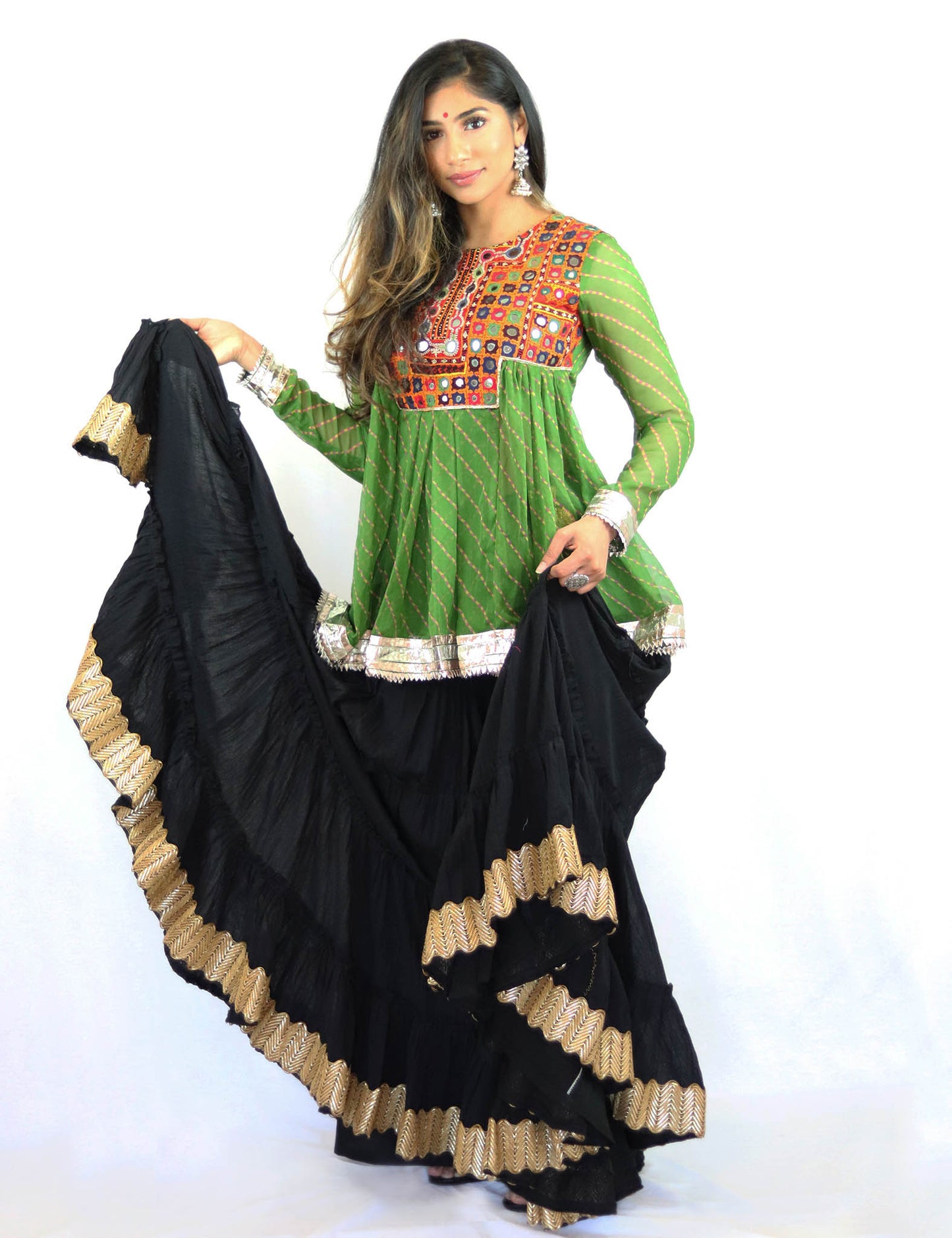 Rent Green Mirrored Kediyu Top With Black Lehenga