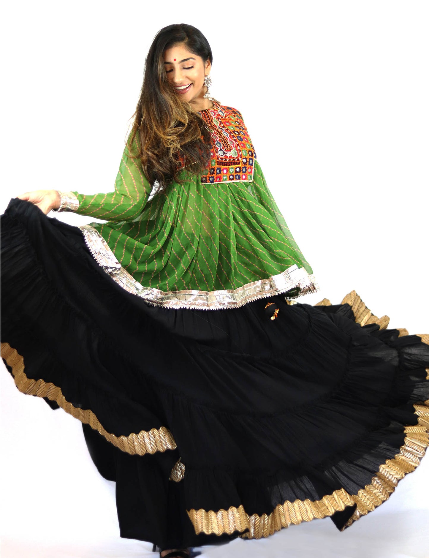 Rent Green Mirrored Kediyu Top With Black Lehenga