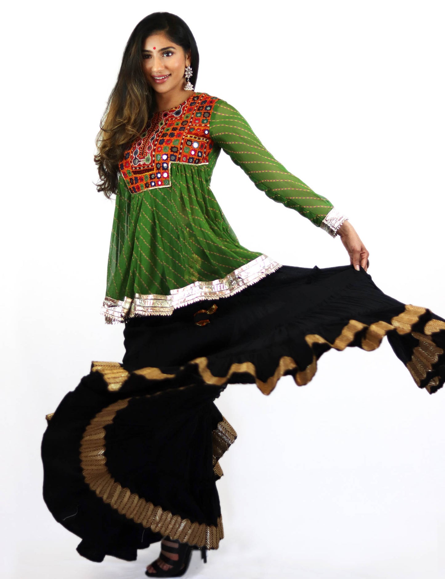 Rent Green Mirrored Kediyu Top With Black Lehenga