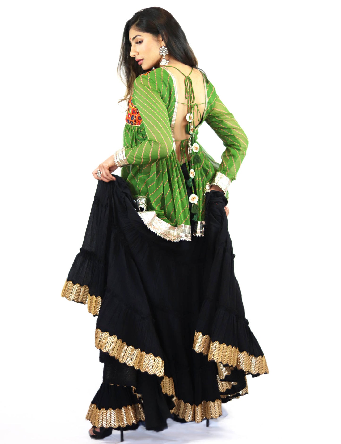 Rent Green Mirrored Kediyu Top With Black Lehenga