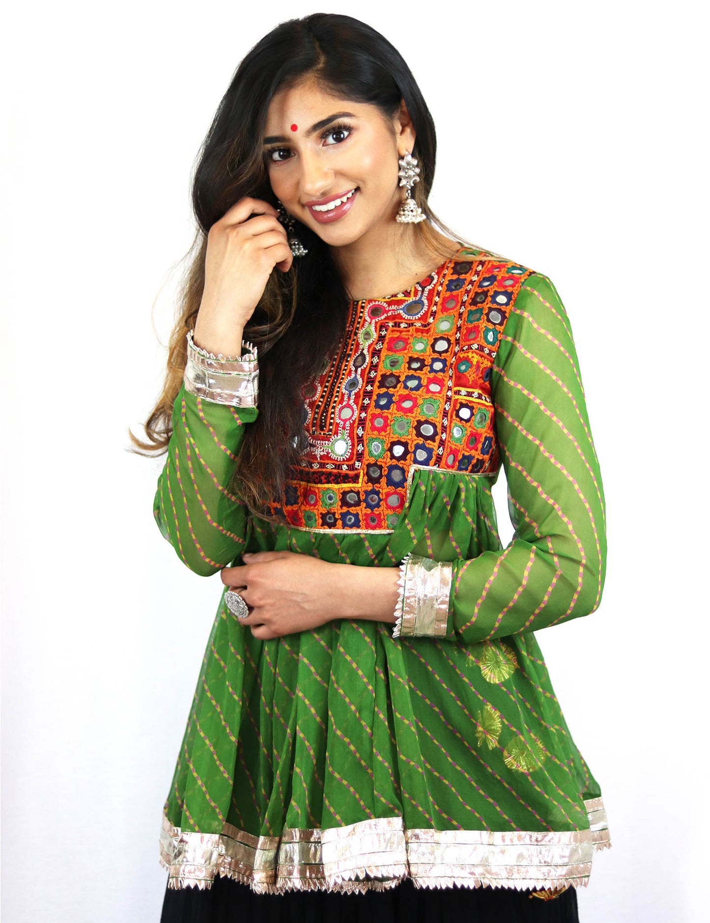 Rent Green Mirrored Kediyu Top With Black Lehenga