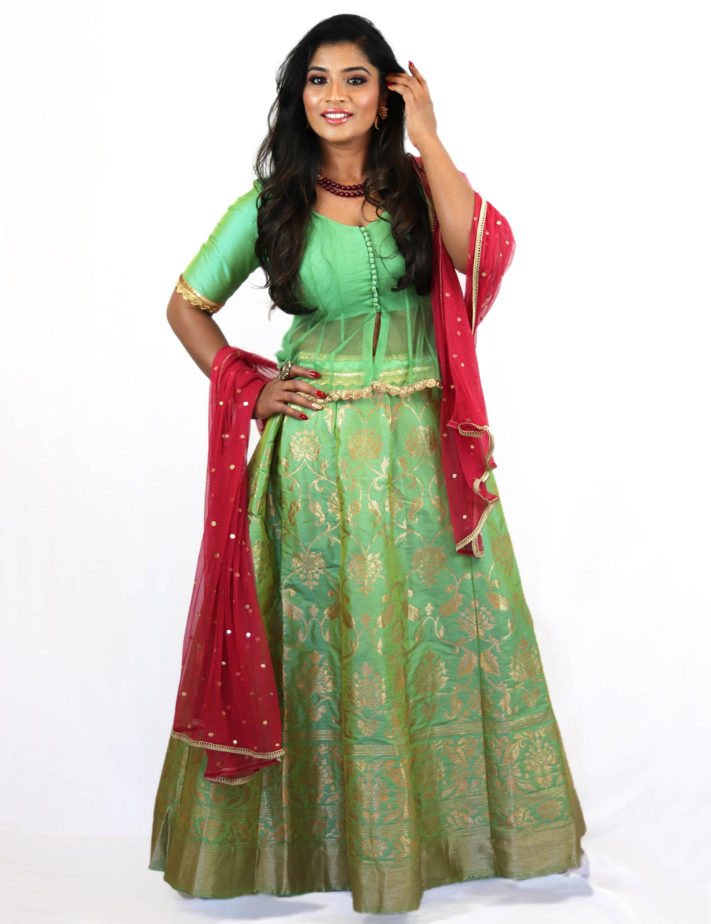 Rent Pastel Green Brocade Lehenga & Blouse With Magenta Dupatta