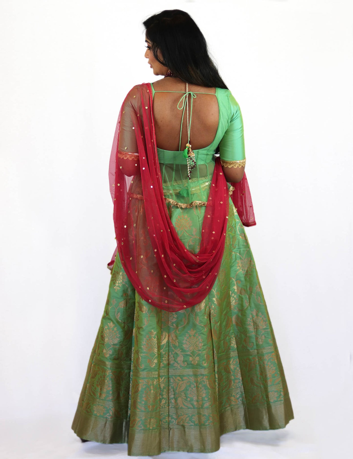 Rent Pastel Green Brocade Lehenga & Blouse With Magenta Dupatta