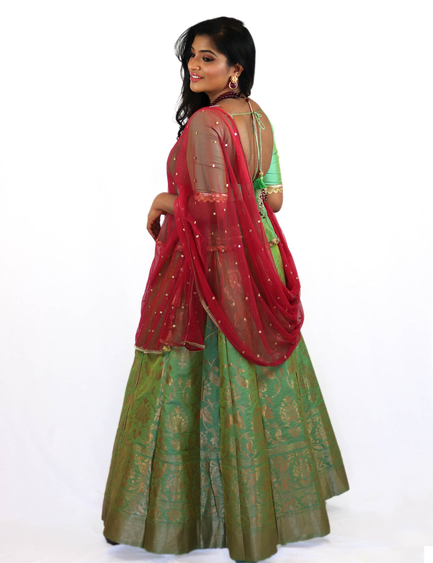 Rent Pastel Green Brocade Lehenga & Blouse With Magenta Dupatta