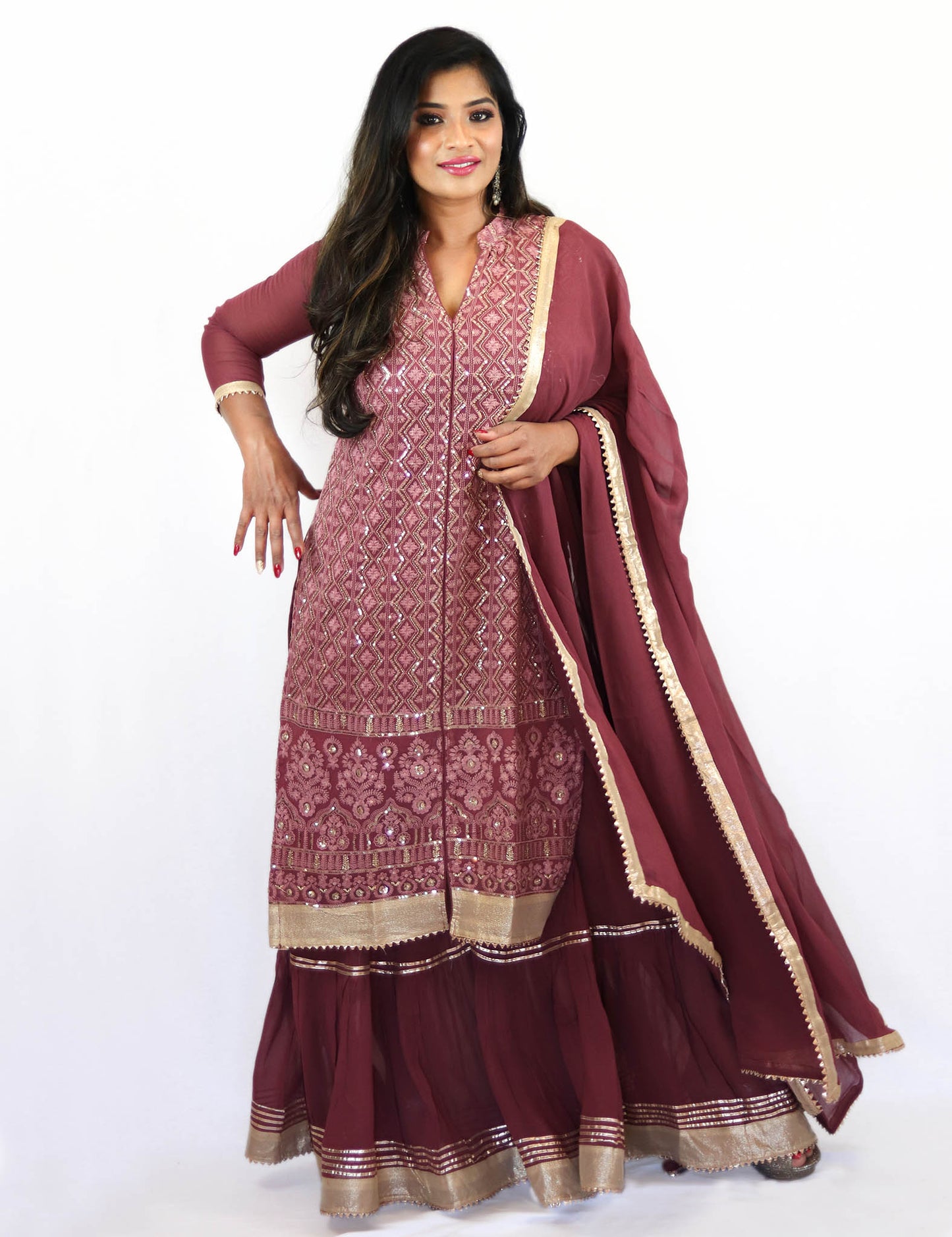 Rent Magenta Embroidered Kurta With Sharara & Dupatta