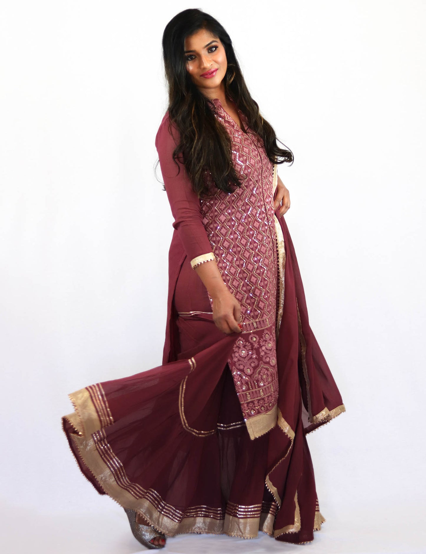 Rent Magenta Embroidered Kurta With Sharara & Dupatta