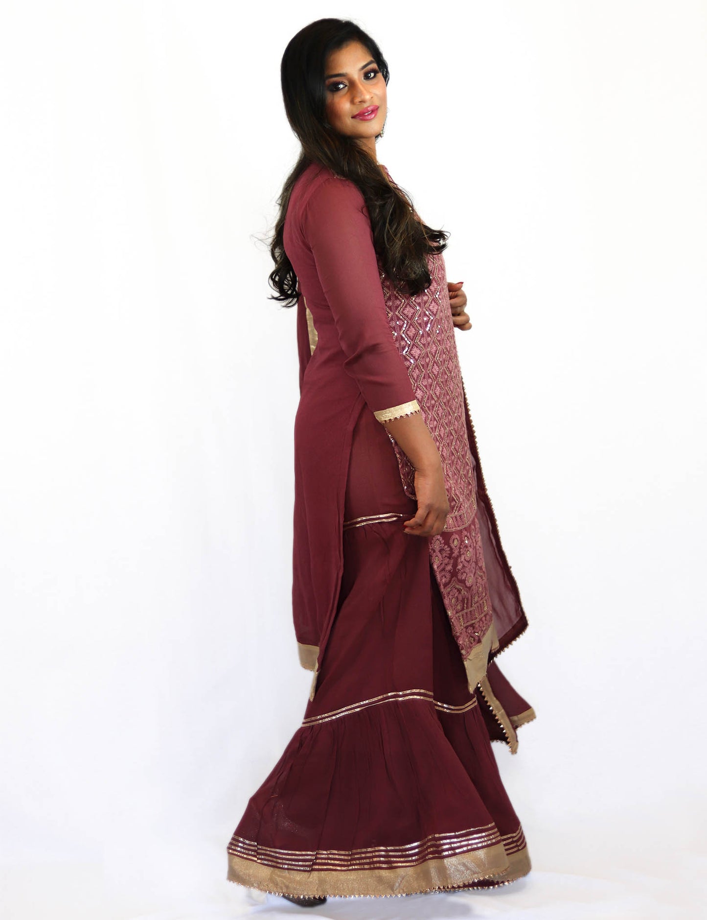 Rent Magenta Embroidered Kurta With Sharara & Dupatta