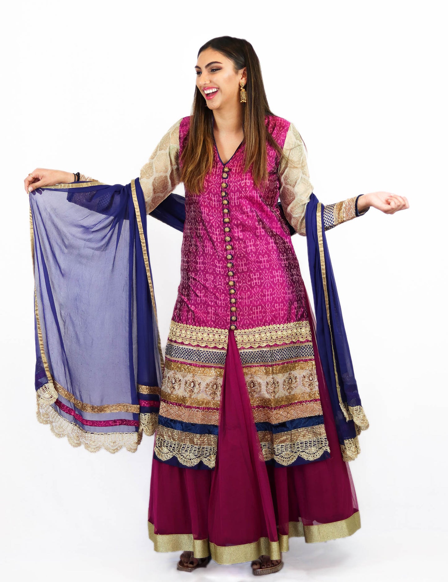 Rent Pink Sherwani & Lehenga With Blue Dupatta