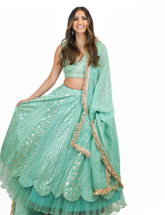 Rent Turquoise Lehenga & Sequin Embroidered Blouse with Organza Dupatta