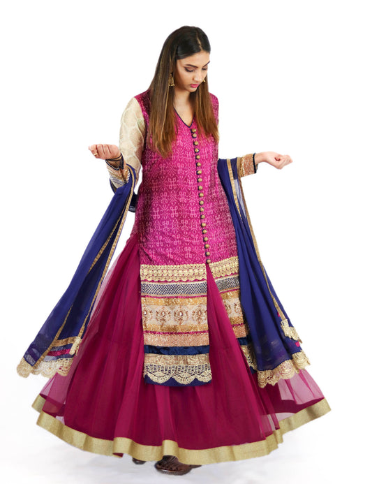 Rent Pink Sherwani & Lehenga With Blue Dupatta