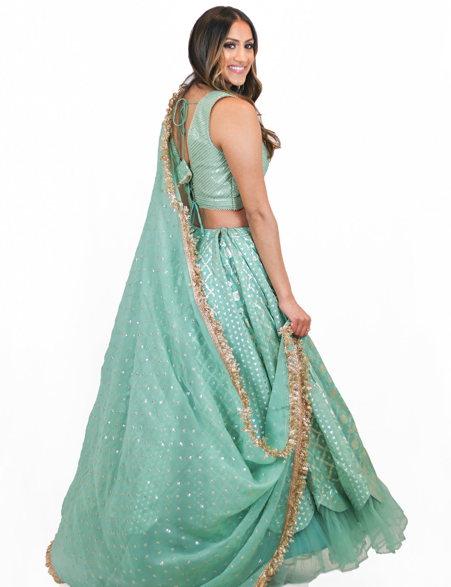 Rent Turquoise Lehenga & Sequin Embroidered Blouse with Organza Dupatta