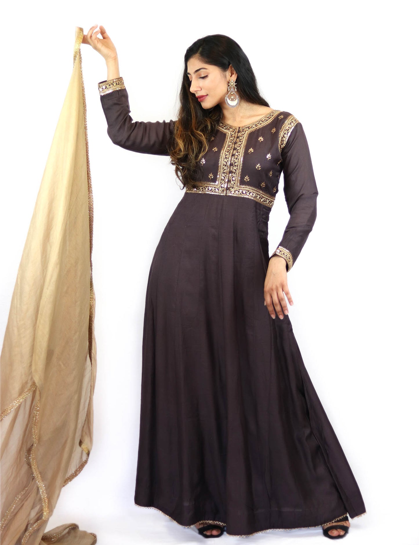 Rent Purple Embroidered Anarkali With Golden Dupatta