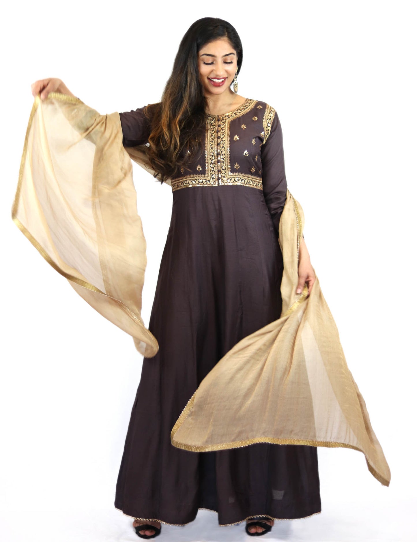 Rent Purple Embroidered Anarkali With Golden Dupatta