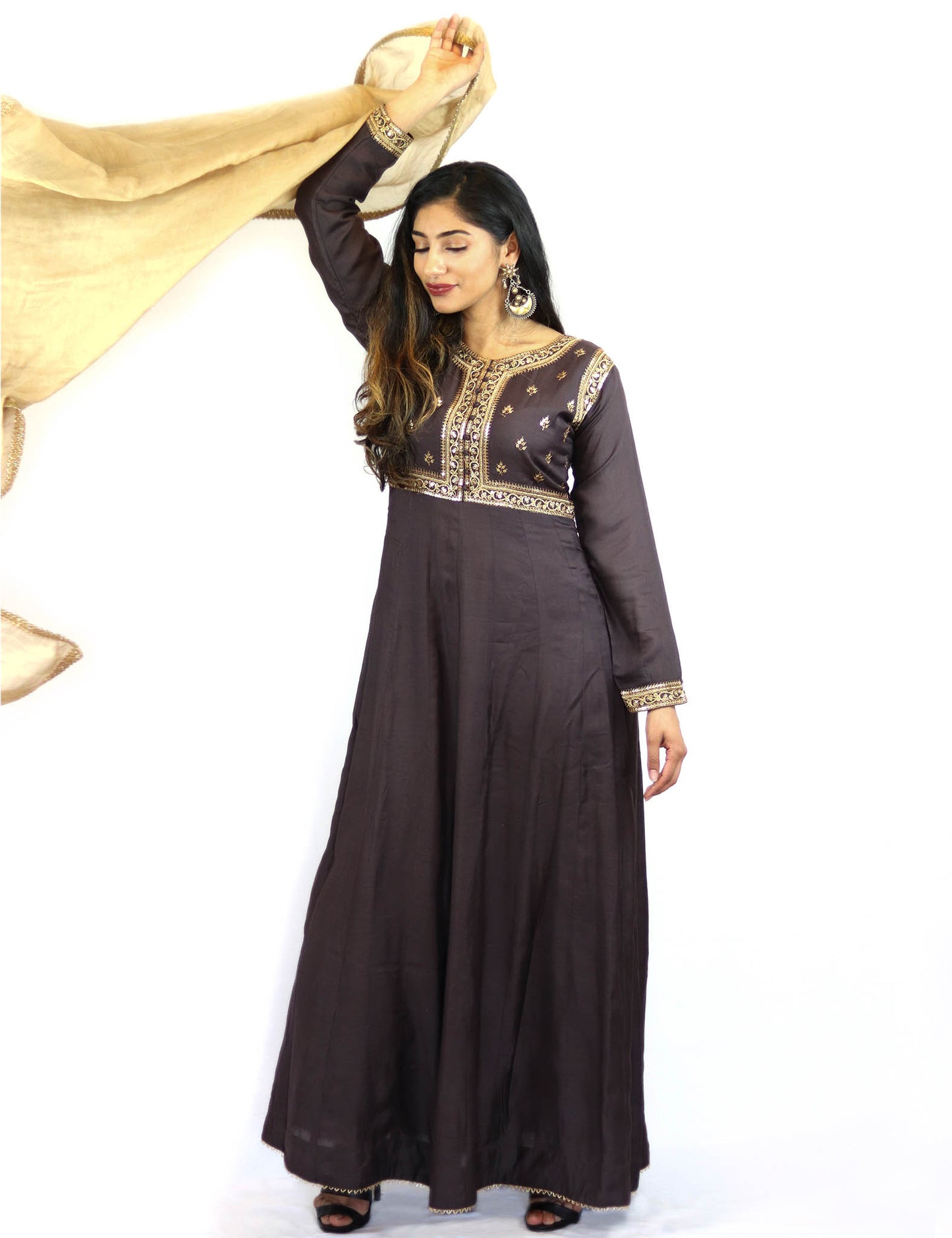 Rent Purple Embroidered Anarkali With Golden Dupatta