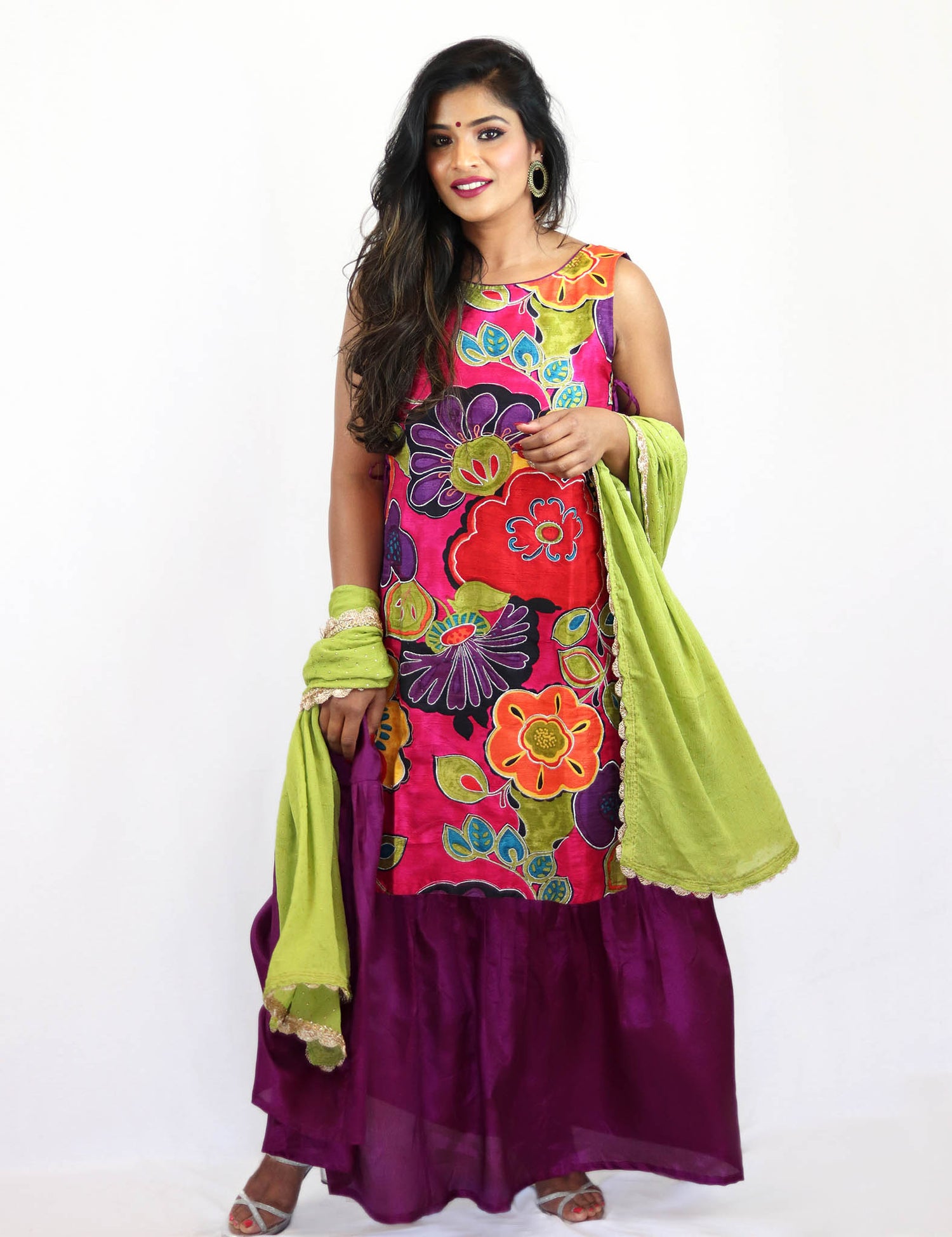 Rent Purple Floral Full Length Dress With Green Dupatta