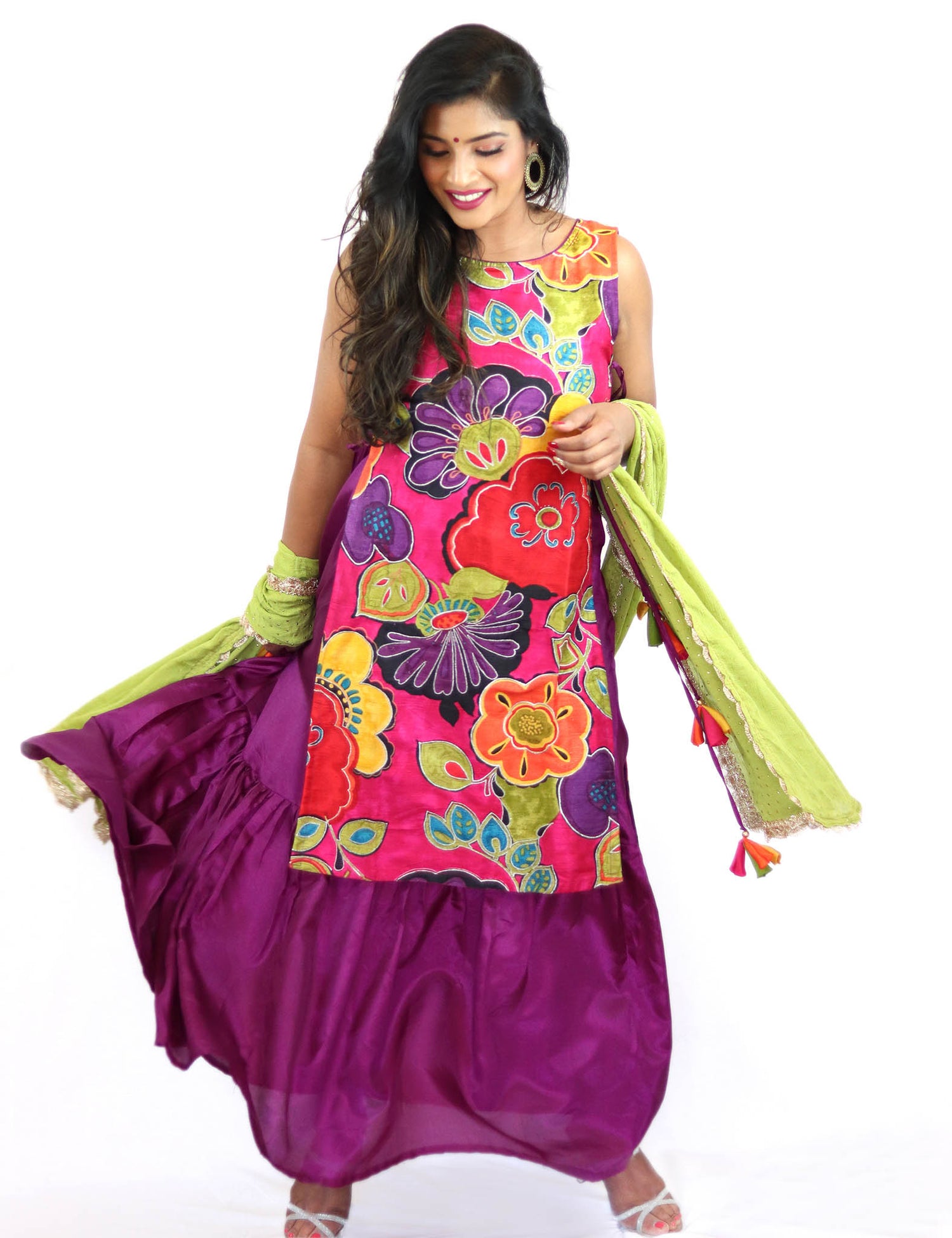 Rent Purple Floral Full Length Dress With Green Dupatta
