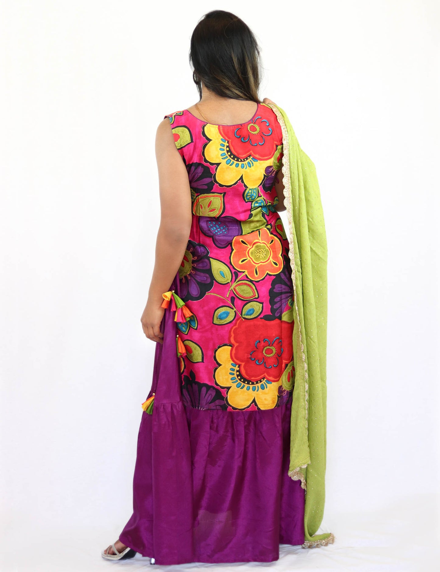 Rent Purple Floral Full Length Dress With Green Dupatta