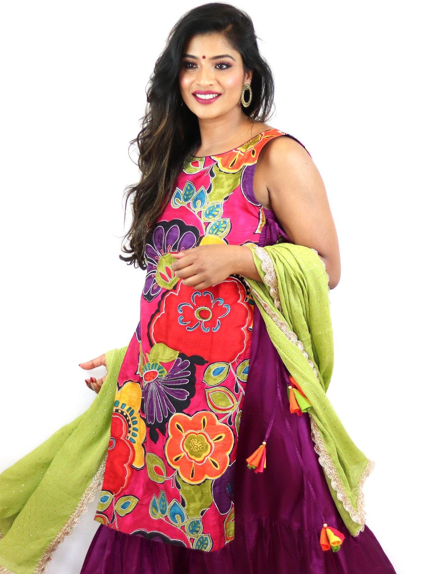 Rent Purple Floral Full Length Dress With Green Dupatta