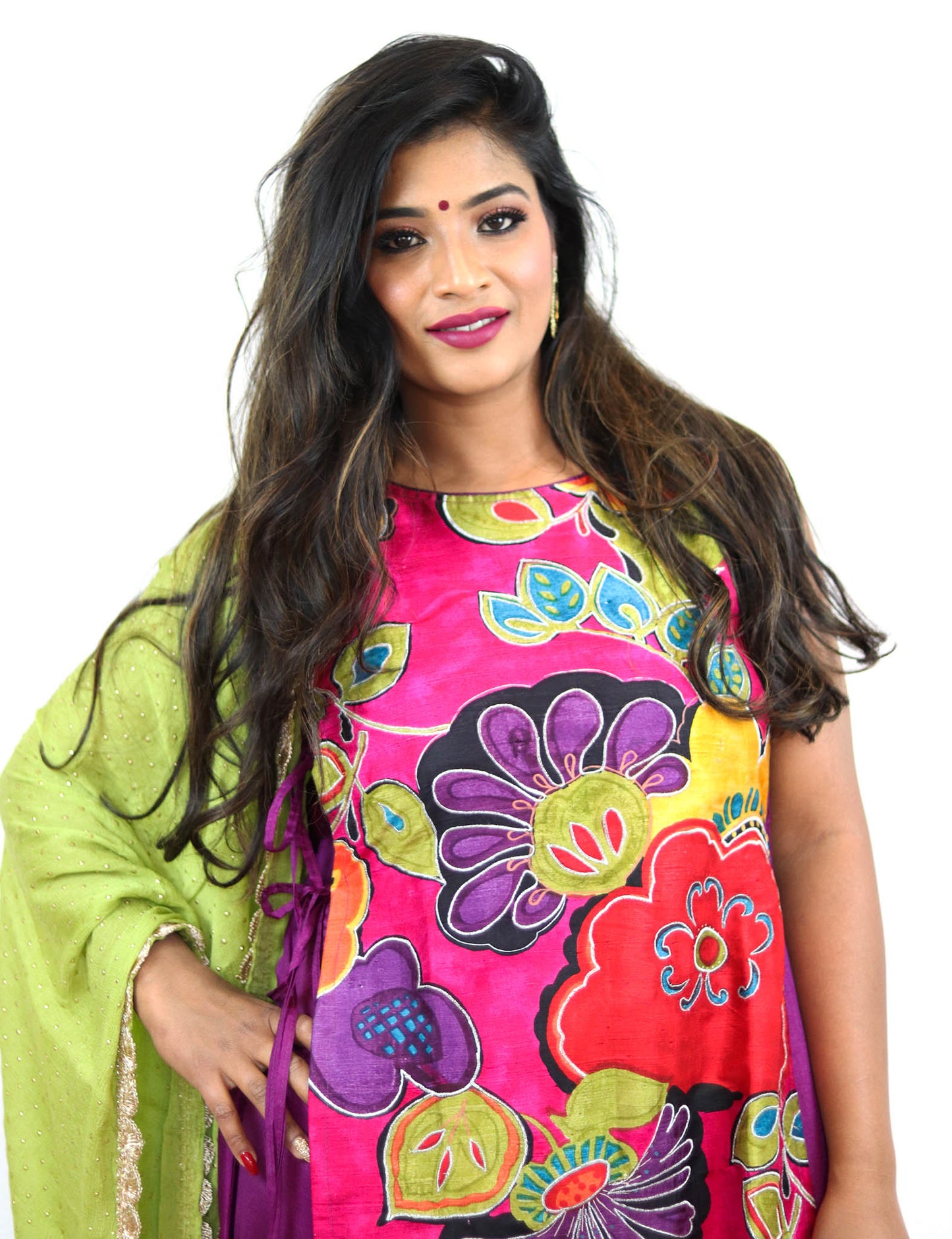 Rent Purple Floral Full Length Dress With Green Dupatta