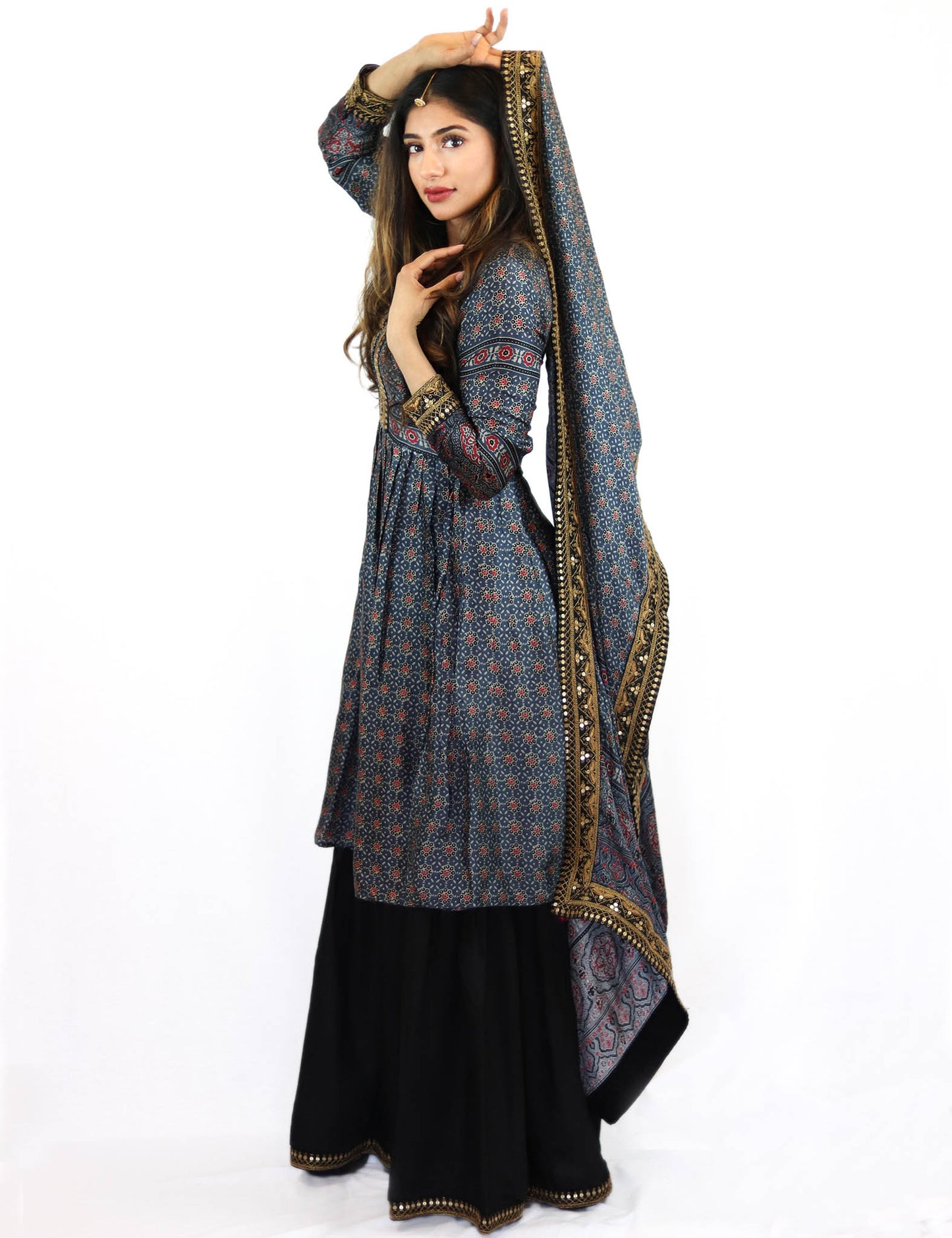 Rent Black Sharara with printed Blue Peplum Top & Dupatta