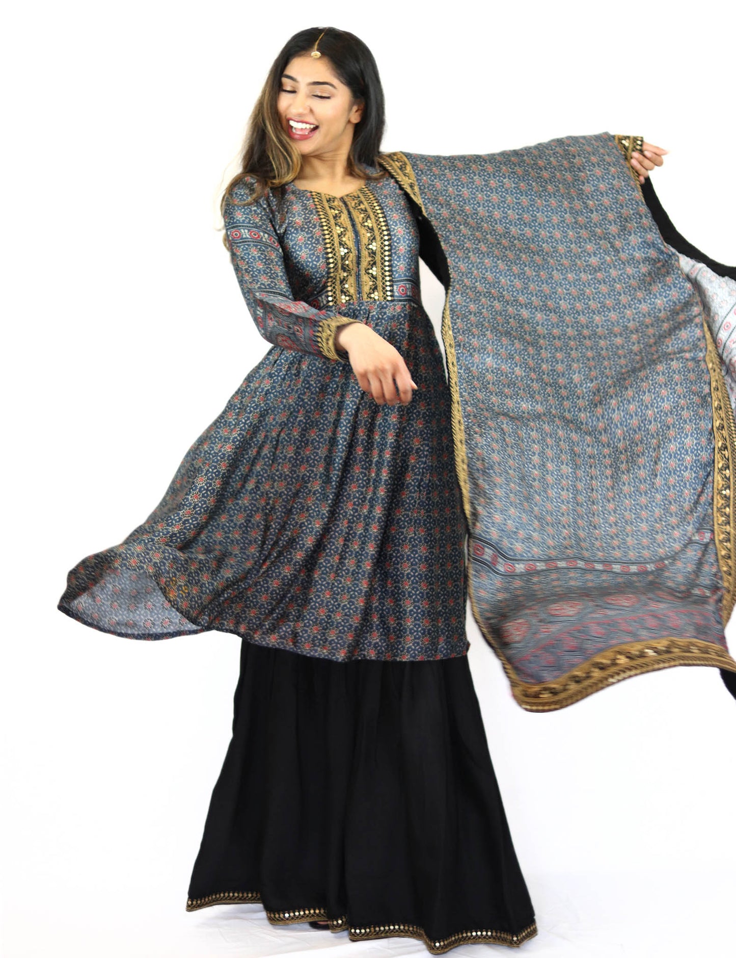 Rent Black Sharara with printed Blue Peplum Top & Dupatta