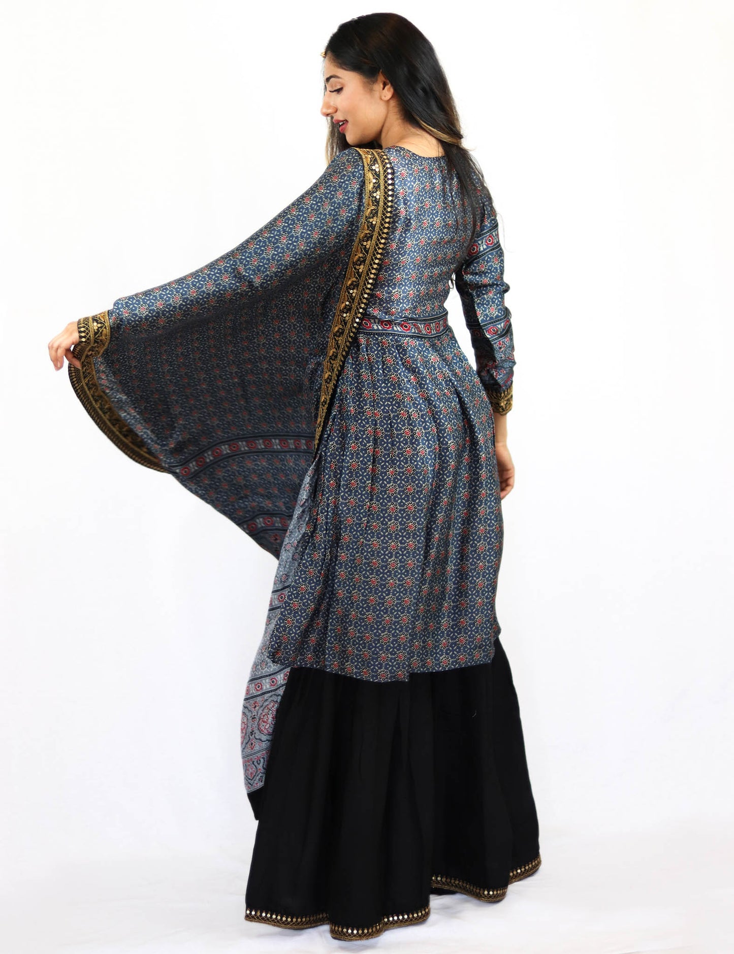 Rent Black Sharara with printed Blue Peplum Top & Dupatta