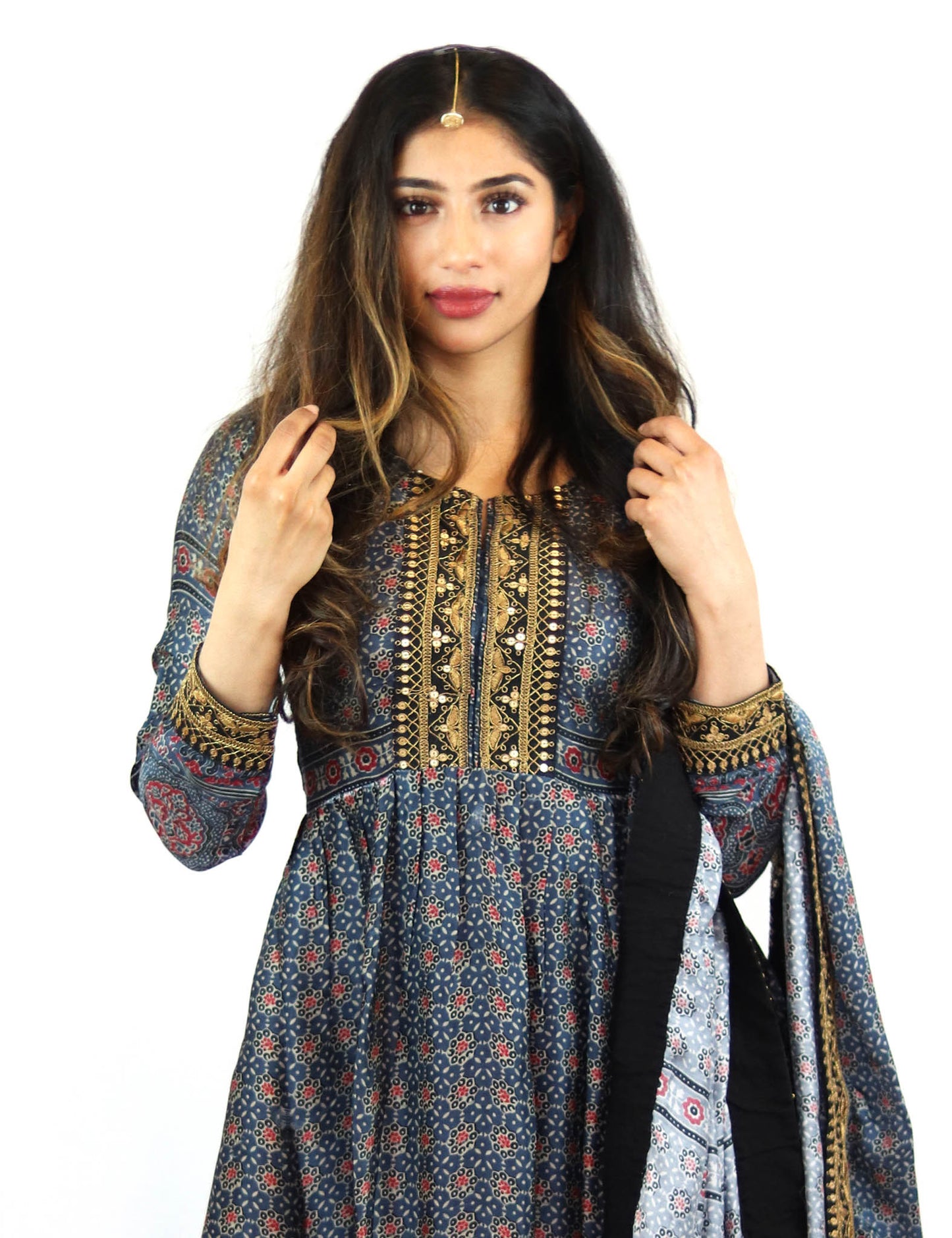 Rent Black Sharara with printed Blue Peplum Top & Dupatta