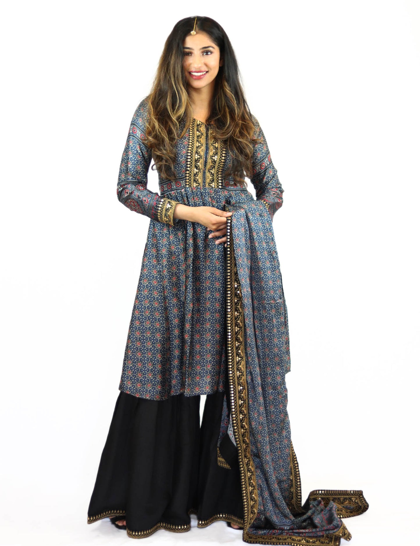 Rent Black Sharara with printed Blue Peplum Top & Dupatta