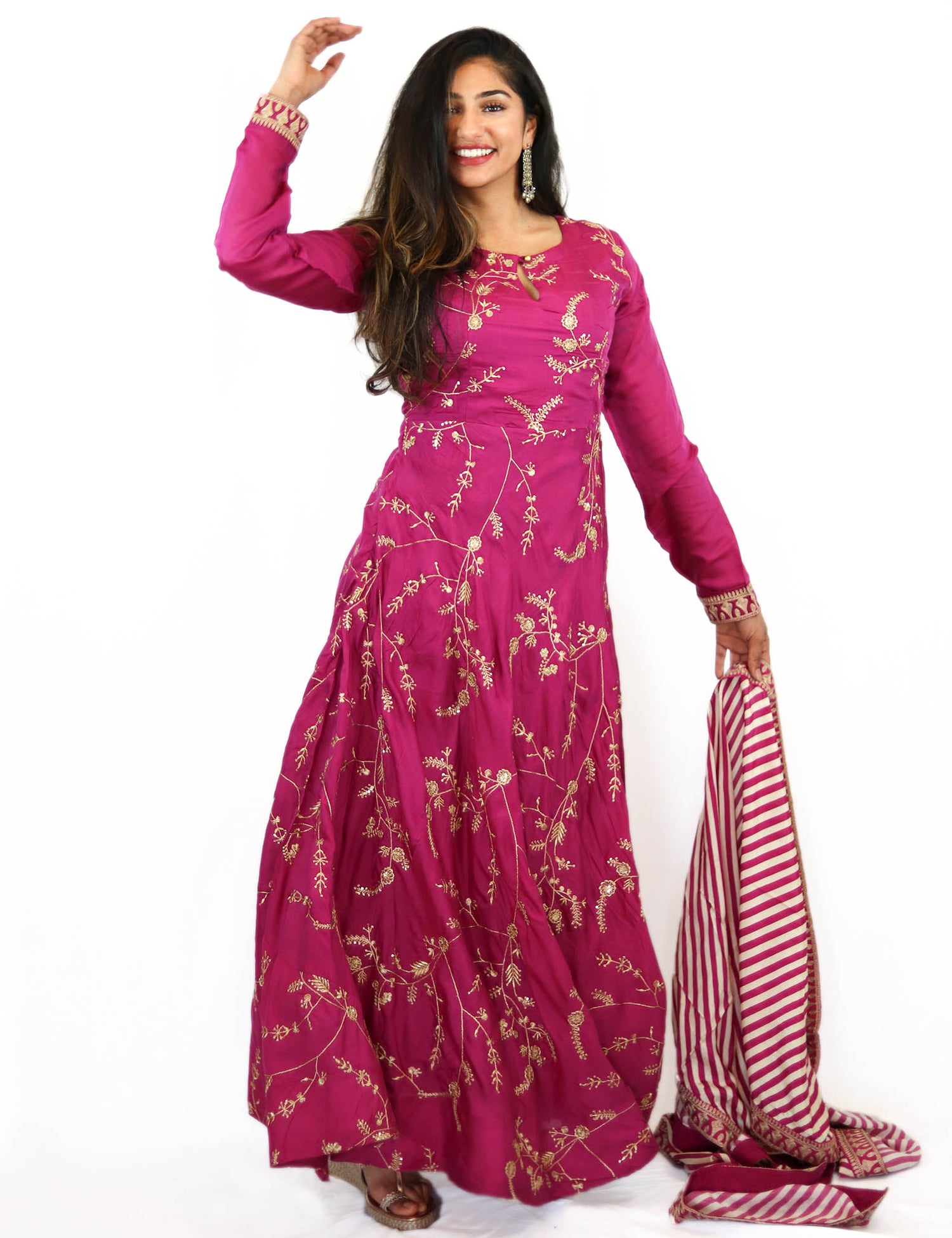 Rent Pink Full Length Anarkali With Striped Dupatta