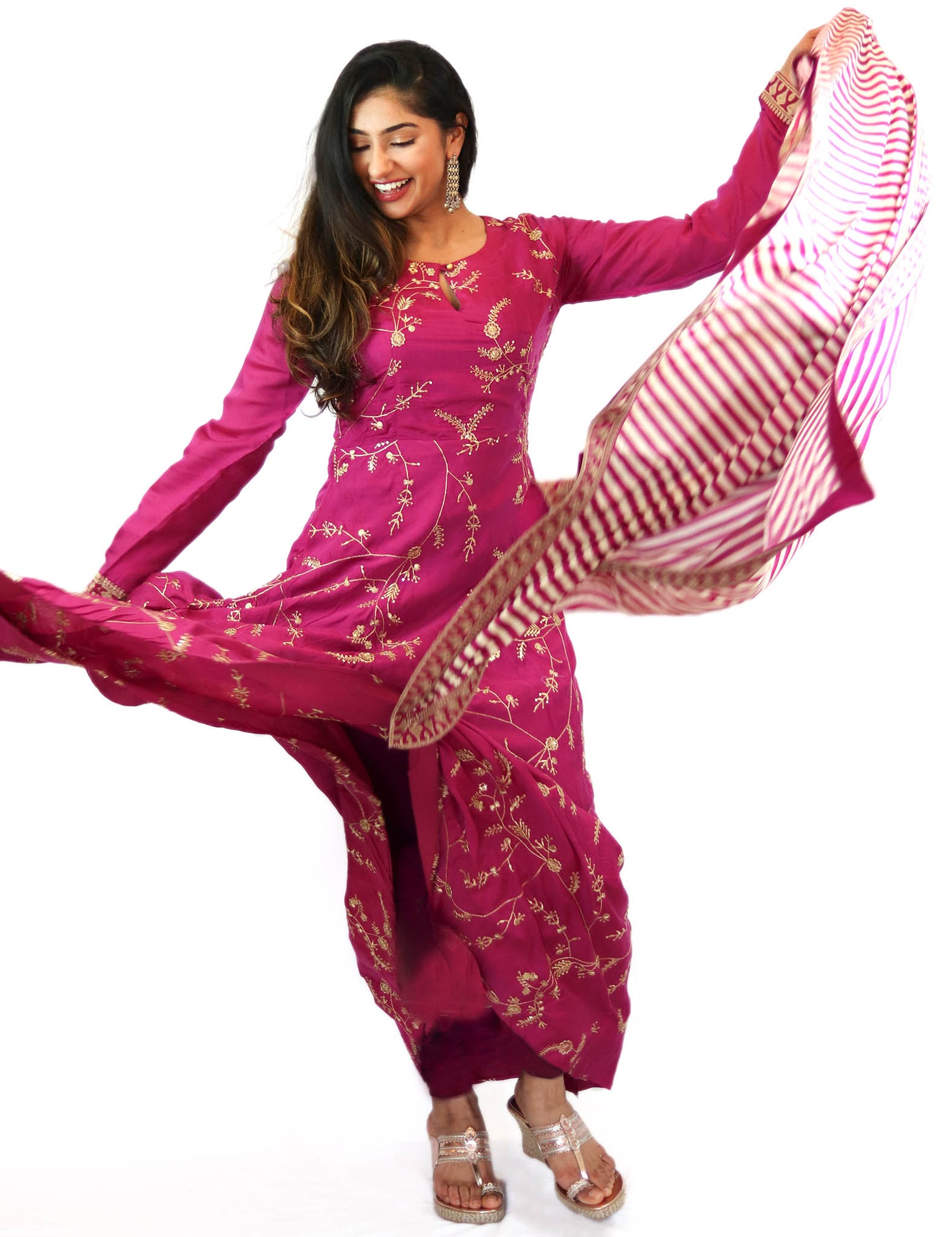 Rent Pink Full Length Anarkali With Striped Dupatta