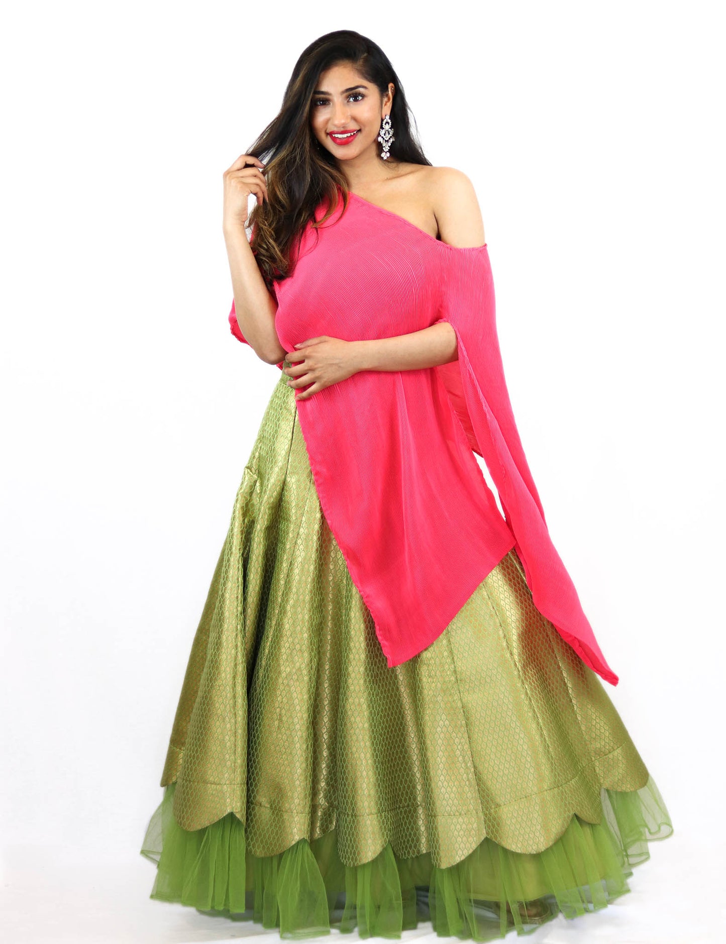 Rent Green Brocade Lehenga With Pink Asymmetrical Top