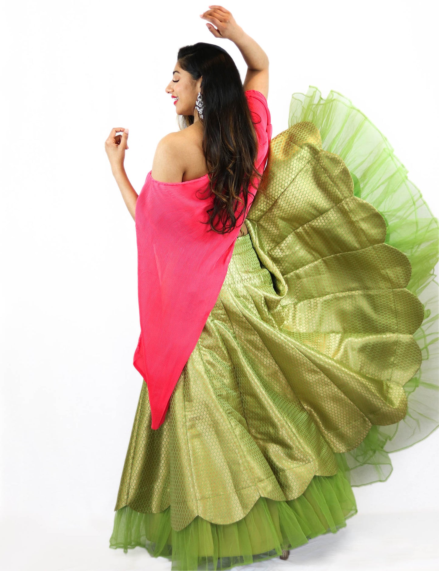 Rent Green Brocade Lehenga With Pink Asymmetrical Top