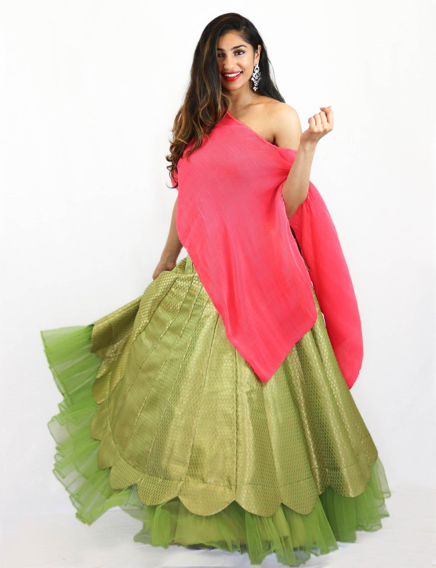 Rent Green Brocade Lehenga With Pink Asymmetrical Top