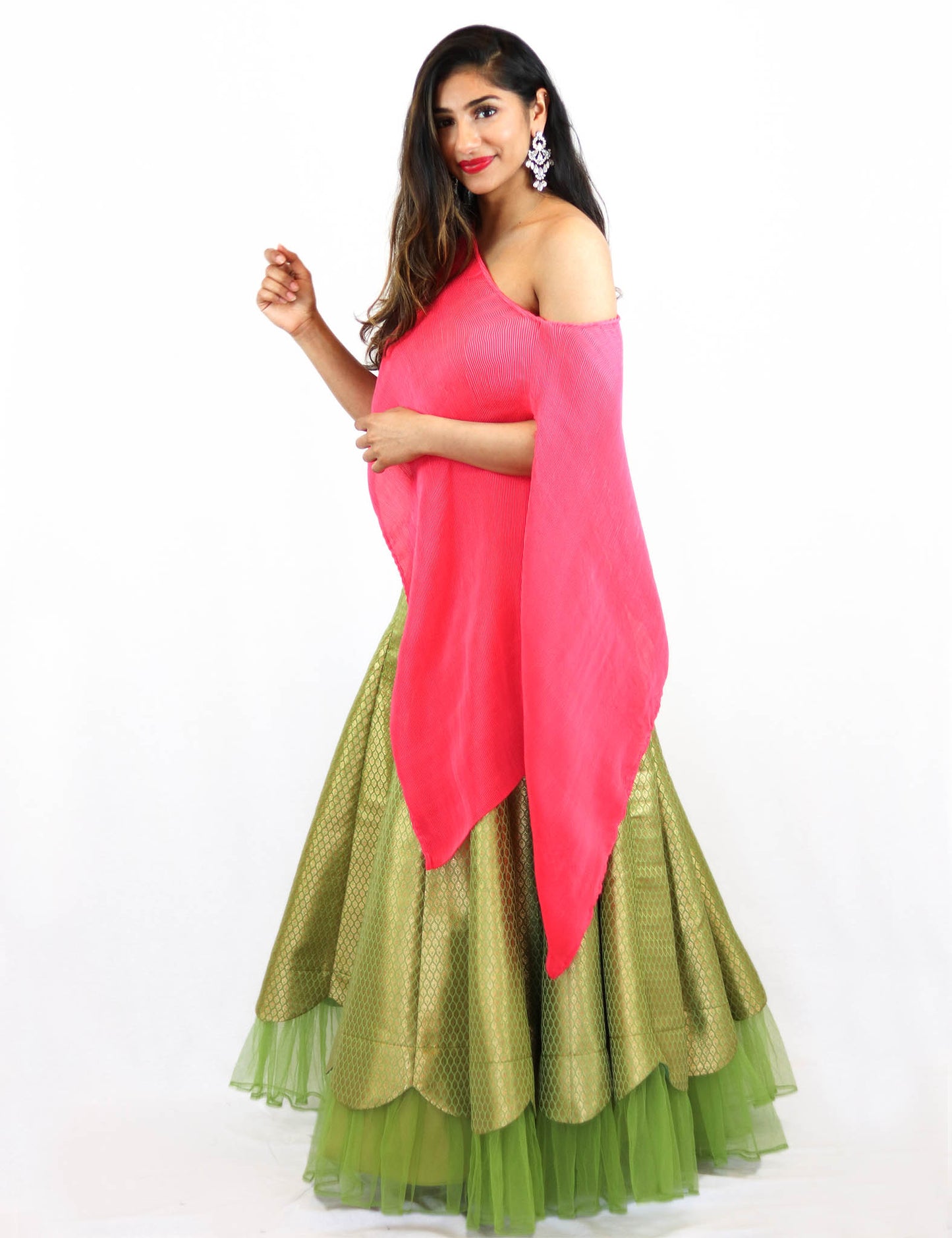 Rent Green Brocade Lehenga With Pink Asymmetrical Top