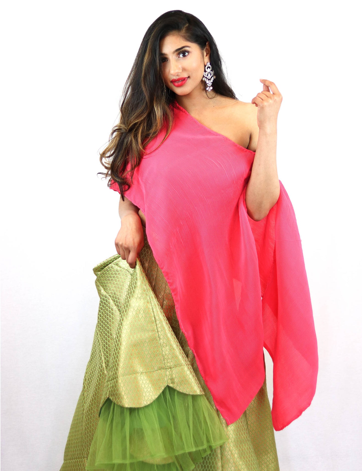 Rent Green Brocade Lehenga With Pink Asymmetrical Top