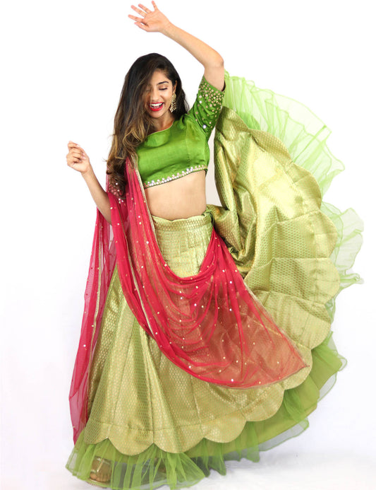 Rent Green Brocade Lehenga & Blouse With Magenta Dupatta