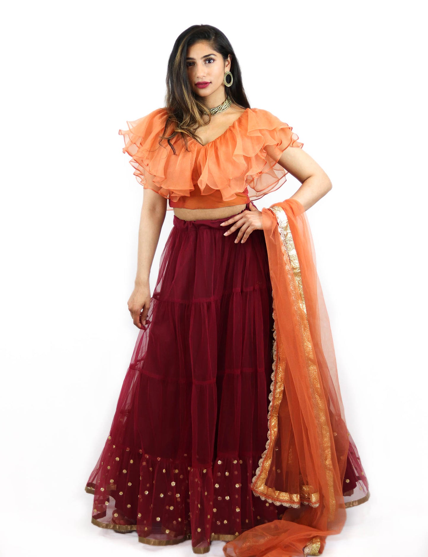 Rent Burgundy Lehenga With Orange Ruffled Blouse & Dupatta