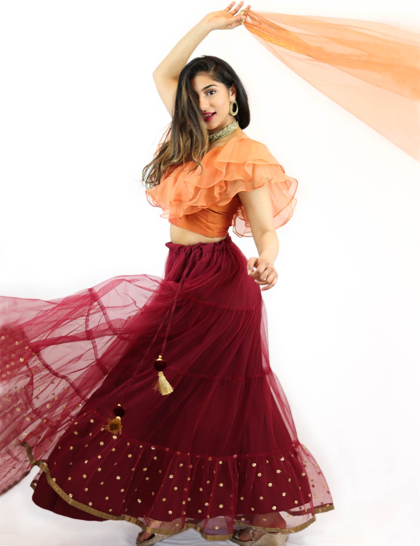 Rent Burgundy Lehenga With Orange Ruffled Blouse & Dupatta