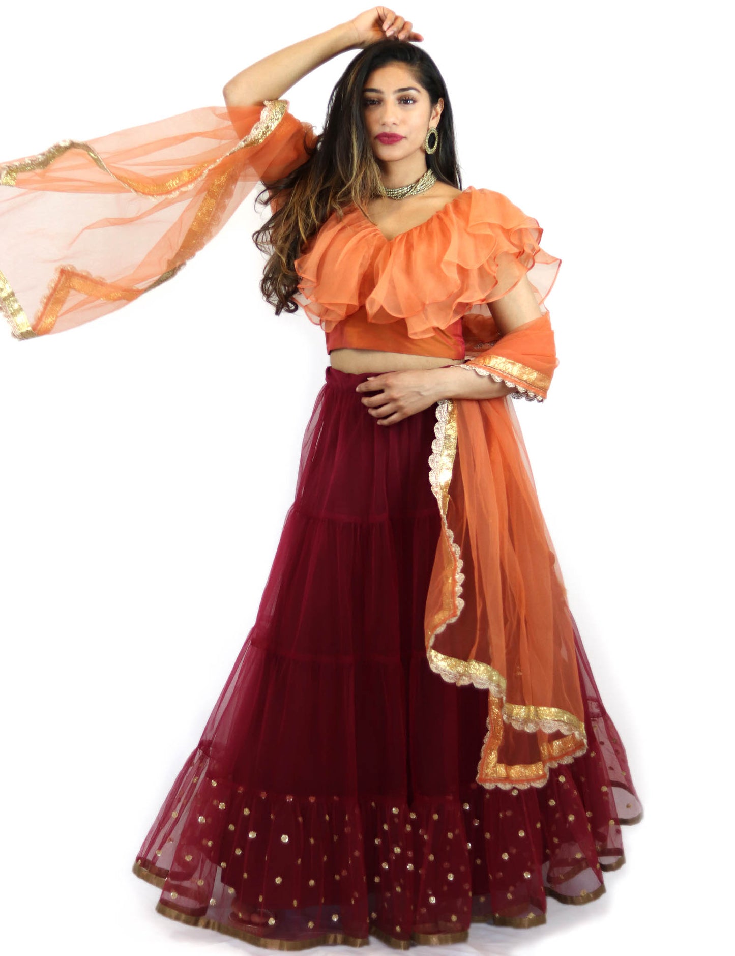 Rent Burgundy Lehenga With Orange Ruffled Blouse & Dupatta