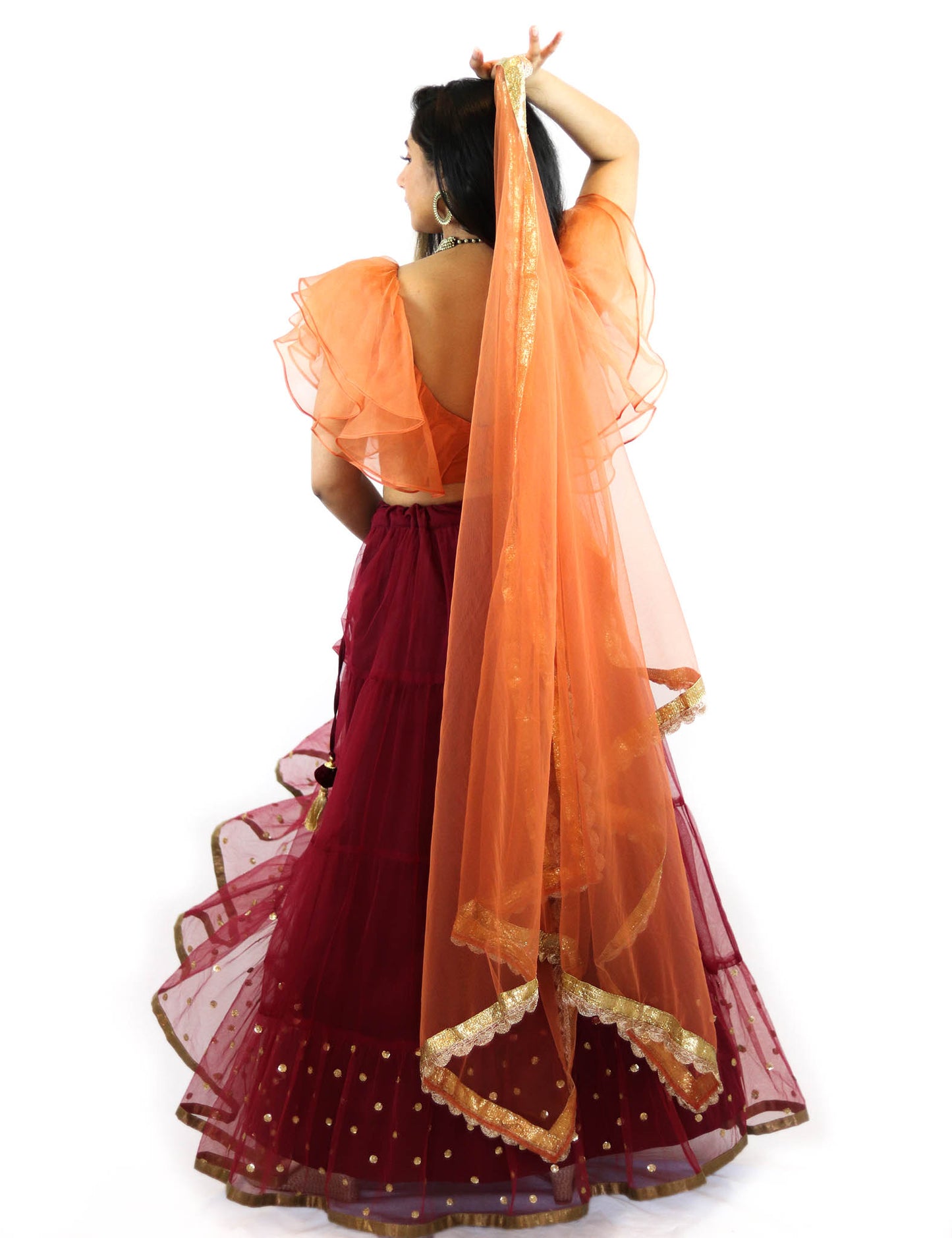 Rent Burgundy Lehenga With Orange Ruffled Blouse & Dupatta