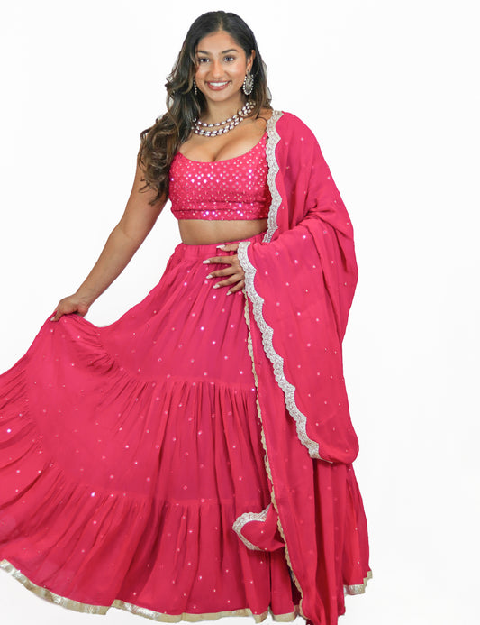 Rent Hot Pink Tiered Lehenga & Mirror Embroidered Blouse with Scallop Dupatta