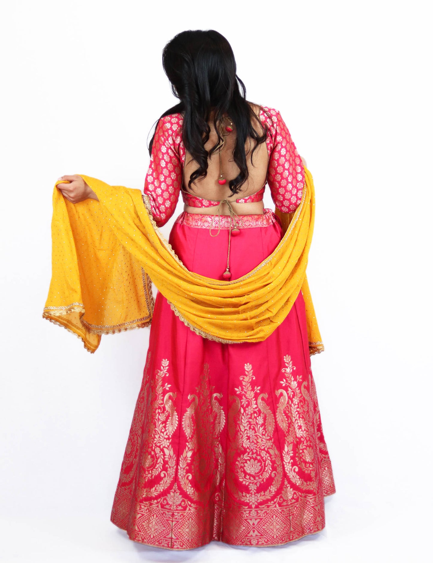 Rent Pink Brocade Lehenga & Embroidered Blouse With Yellow Dupatta