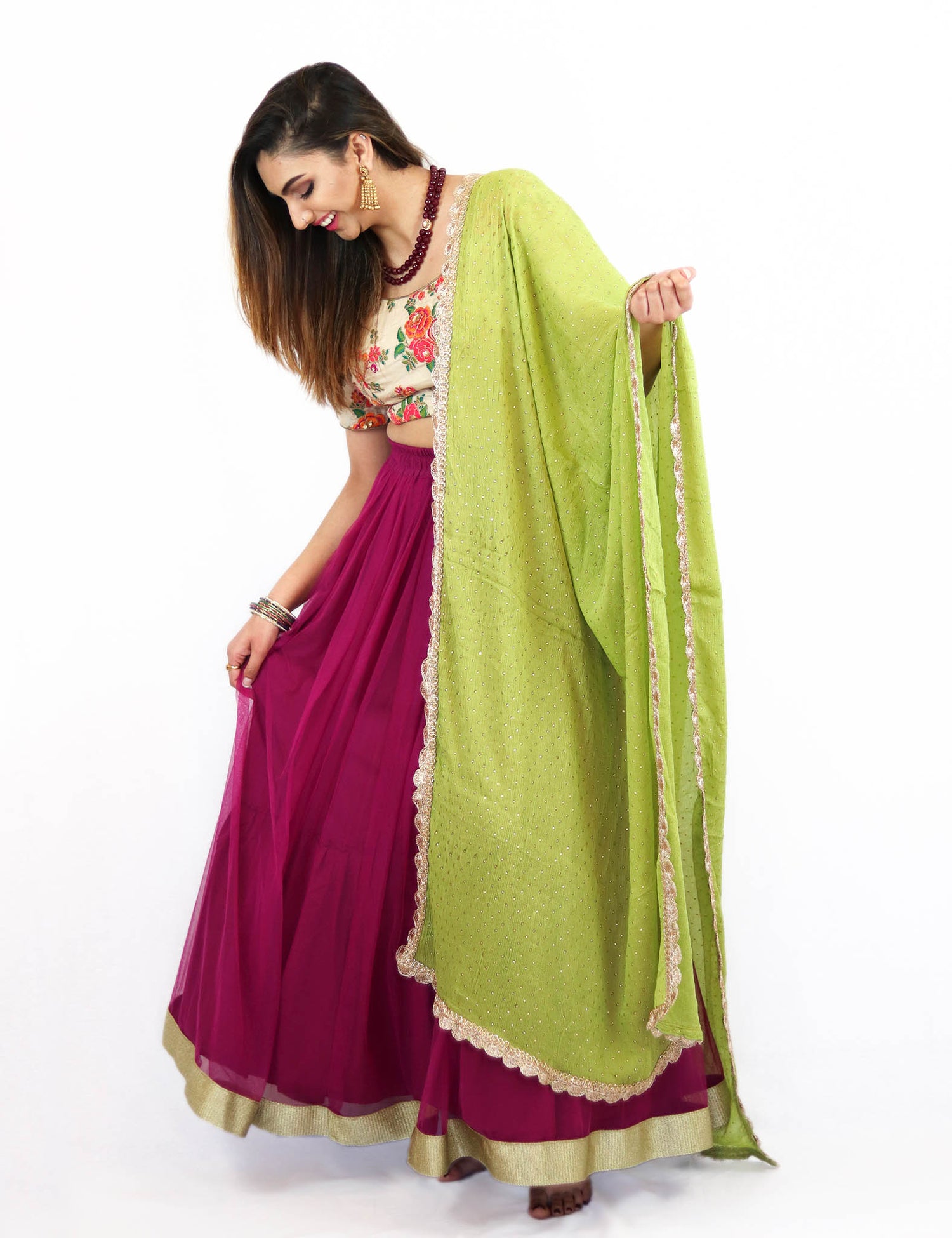 Rent Pink Lehenga With Embroidered Blouse & Green Dupatta