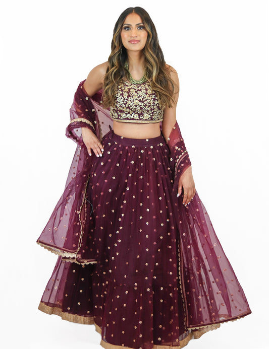 Rent Purple Lehenga Set with Sequin Thread Embroidered Blouse & Tulle Dupatta