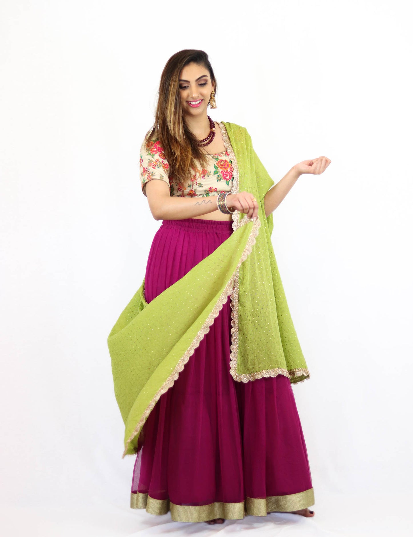 Rent Pink Lehenga With Embroidered Blouse & Green Dupatta