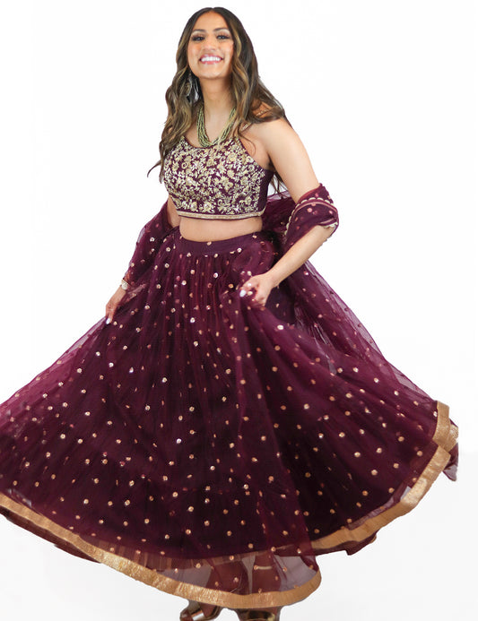 Rent Purple Lehenga Set with Sequin Thread Embroidered Blouse & Tulle Dupatta