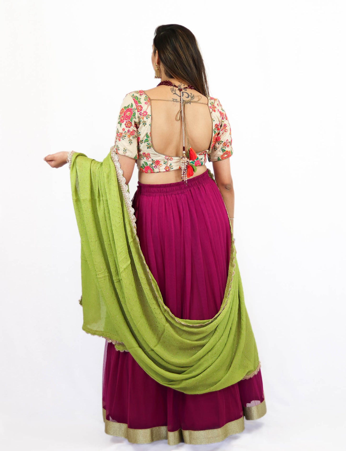 Rent Pink Lehenga With Embroidered Blouse & Green Dupatta