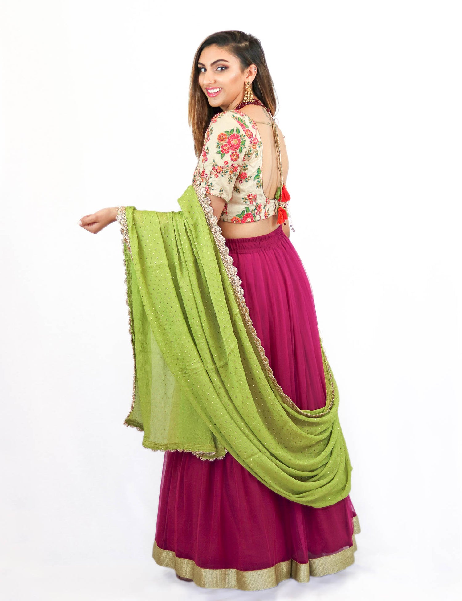Rent Pink Lehenga With Embroidered Blouse & Green Dupatta